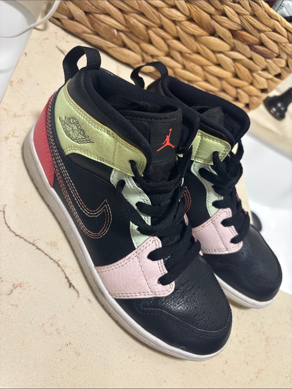 Jordan Kids' High Top Sneakers in Black, Pink & Green